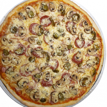 Spicy pizza 40cm (Ham, bacon, chicken, salami, mushrooms, jalapeno)