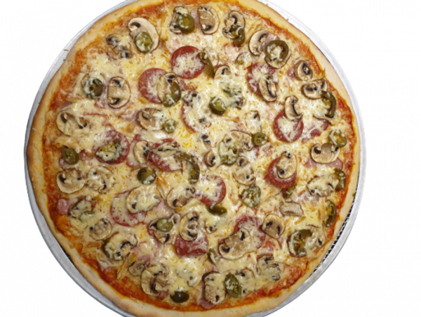 Spicy pizza 40cm (Ham, bacon, chicken, salami, mushrooms, jalapeno)