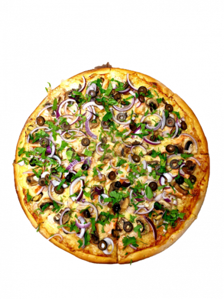 Poseidon pizza 40cm (salmon, shrimp, seafood, onions, mushrooms, olives, parsley.)